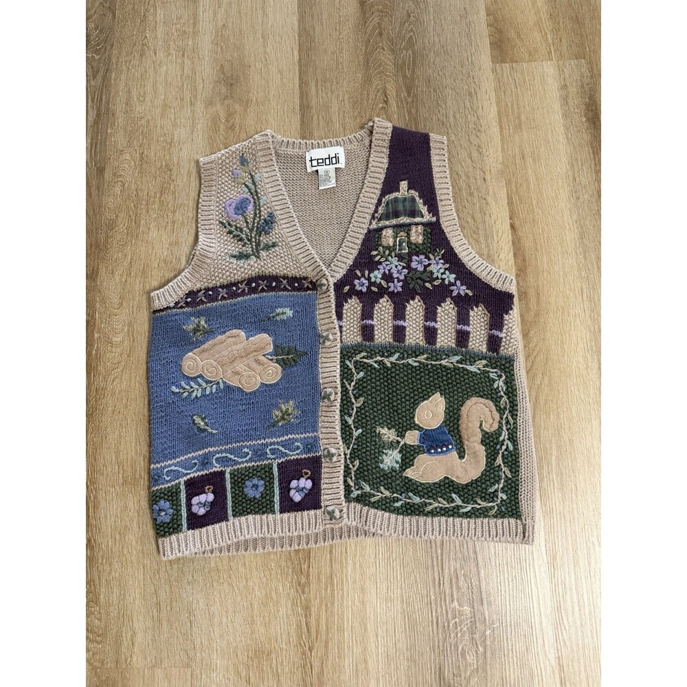 Vintage Teddi Women’s Sweater Vest Squirrel Log Cottage Core Medium